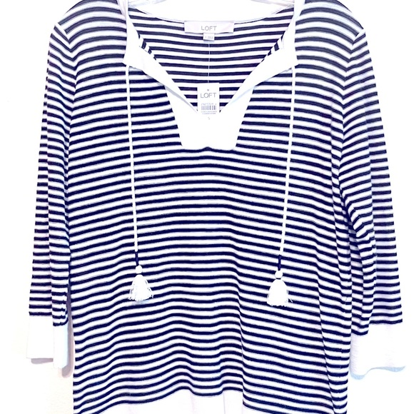 NWT - Loft Navy Blue Striped Top w/Tassels - Size Small - Picture 1 of 6